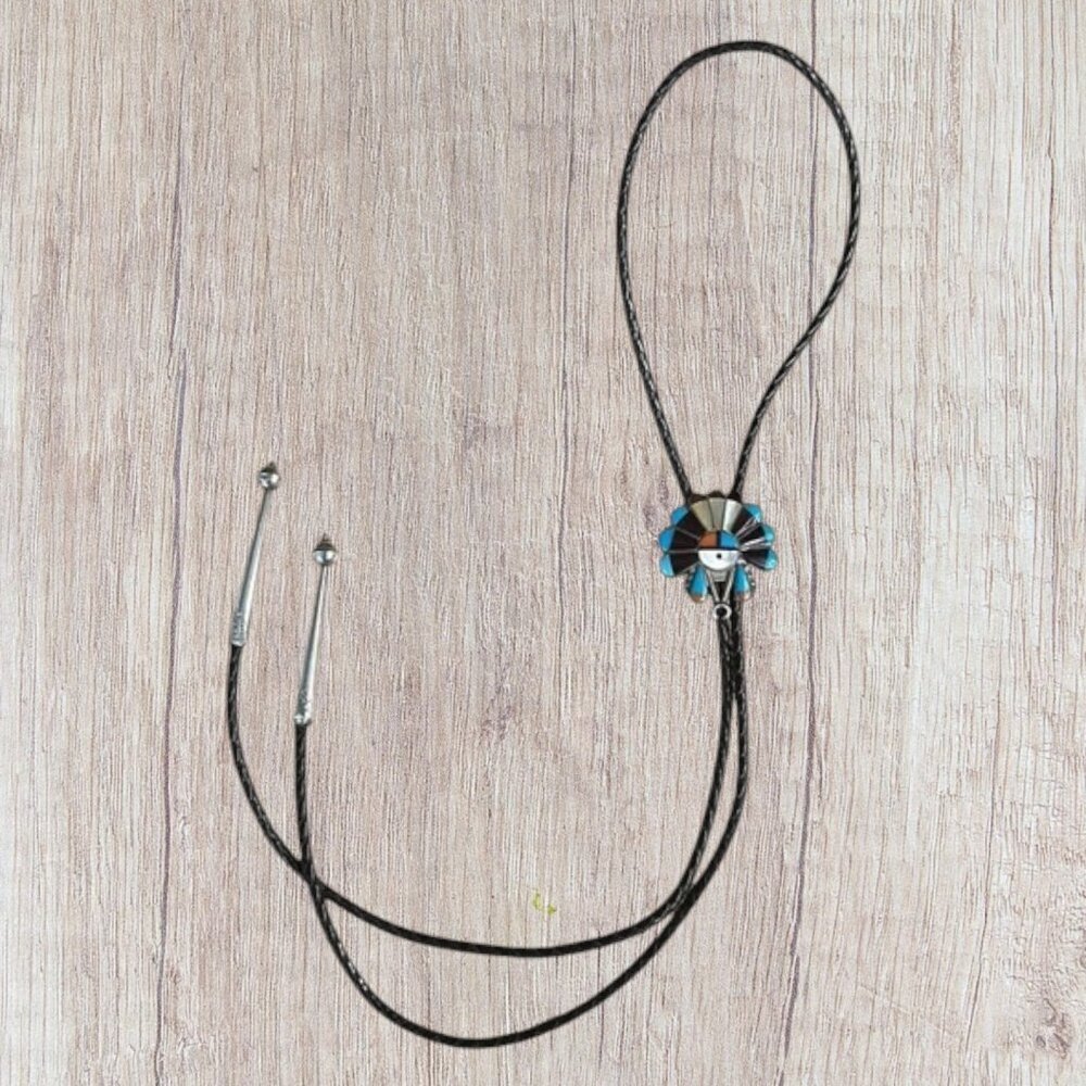 Vintage Bennett ZUNI Native American Headdress Sterling Turquoise Bolo Tie 37"